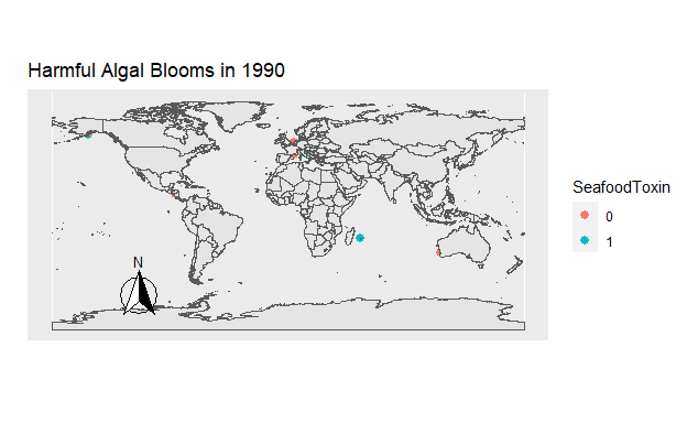 Figure 7. The location of all Harmful Algal Blooms observed each year. Those which were toxic for seafood are blue, and those which were not are orange.