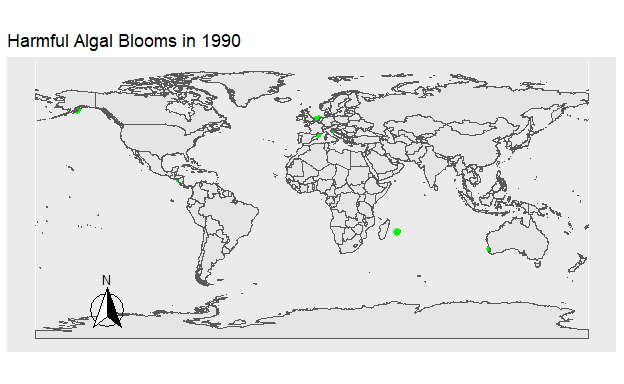 Figure 1. The location of all Harmful Algal Blooms in green observed each year.