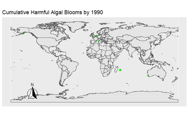 Figure 2. The location of all Harmful Algal Blooms in green plotted onto the map progressively by year.